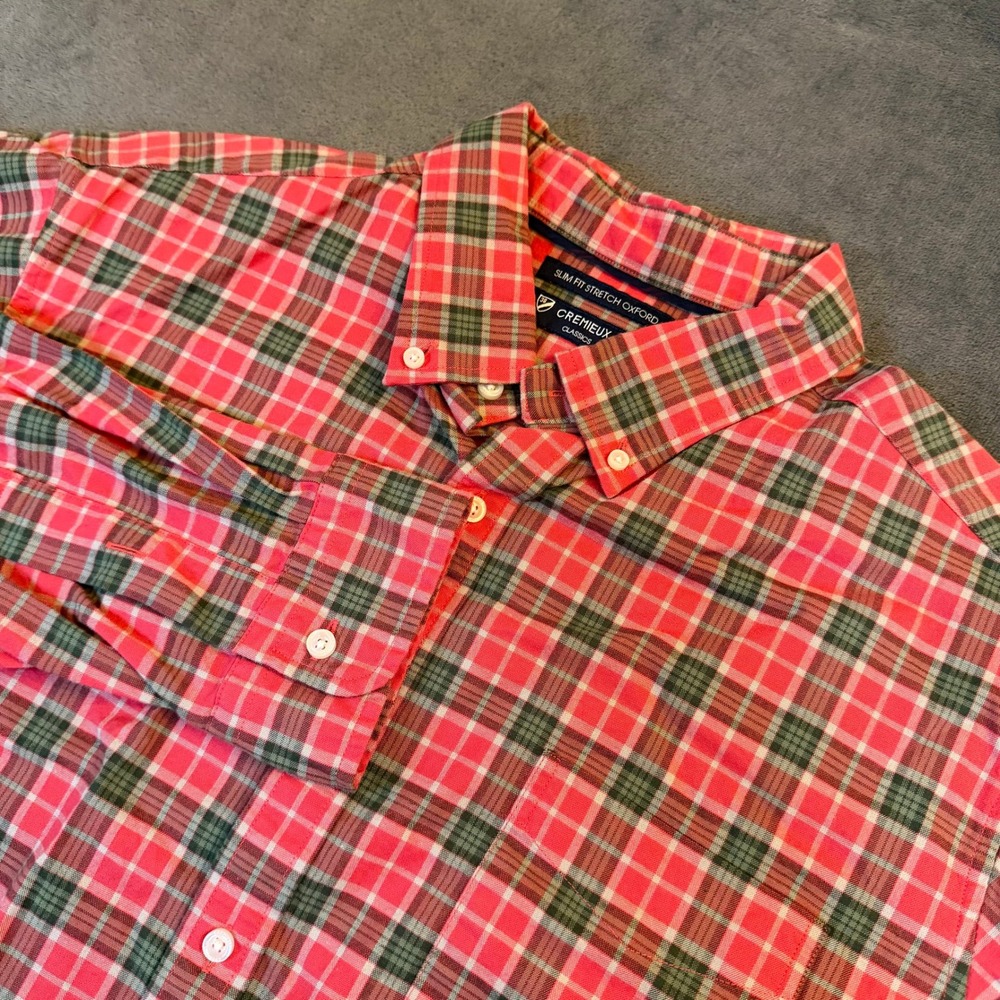 Cremieux Classics Mens XL Slim Fit Stretch Oxford Plaid Button Down Shirt Red